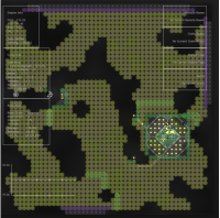 A base map for minCut, yellow is walkable, purple is exit, green is protected (can't cut)